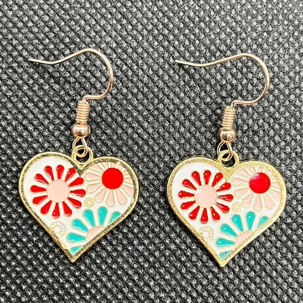 Floral Heart Enamel Drop Earrings | Handmade - Picture 5 of 5